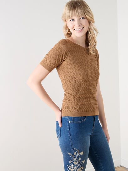Short Sleeve Scallop Knit Crochet Pullover Sweater