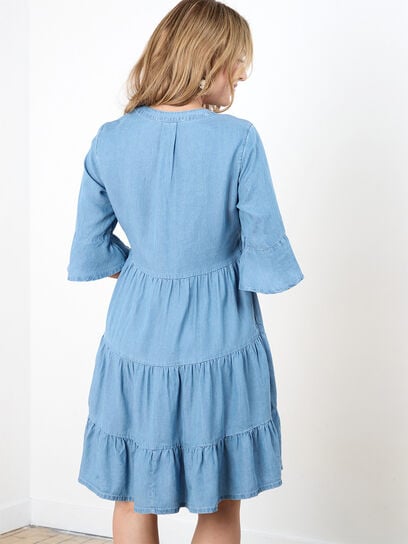 Petite Chambray Flutter Sleeve Tiered Dress