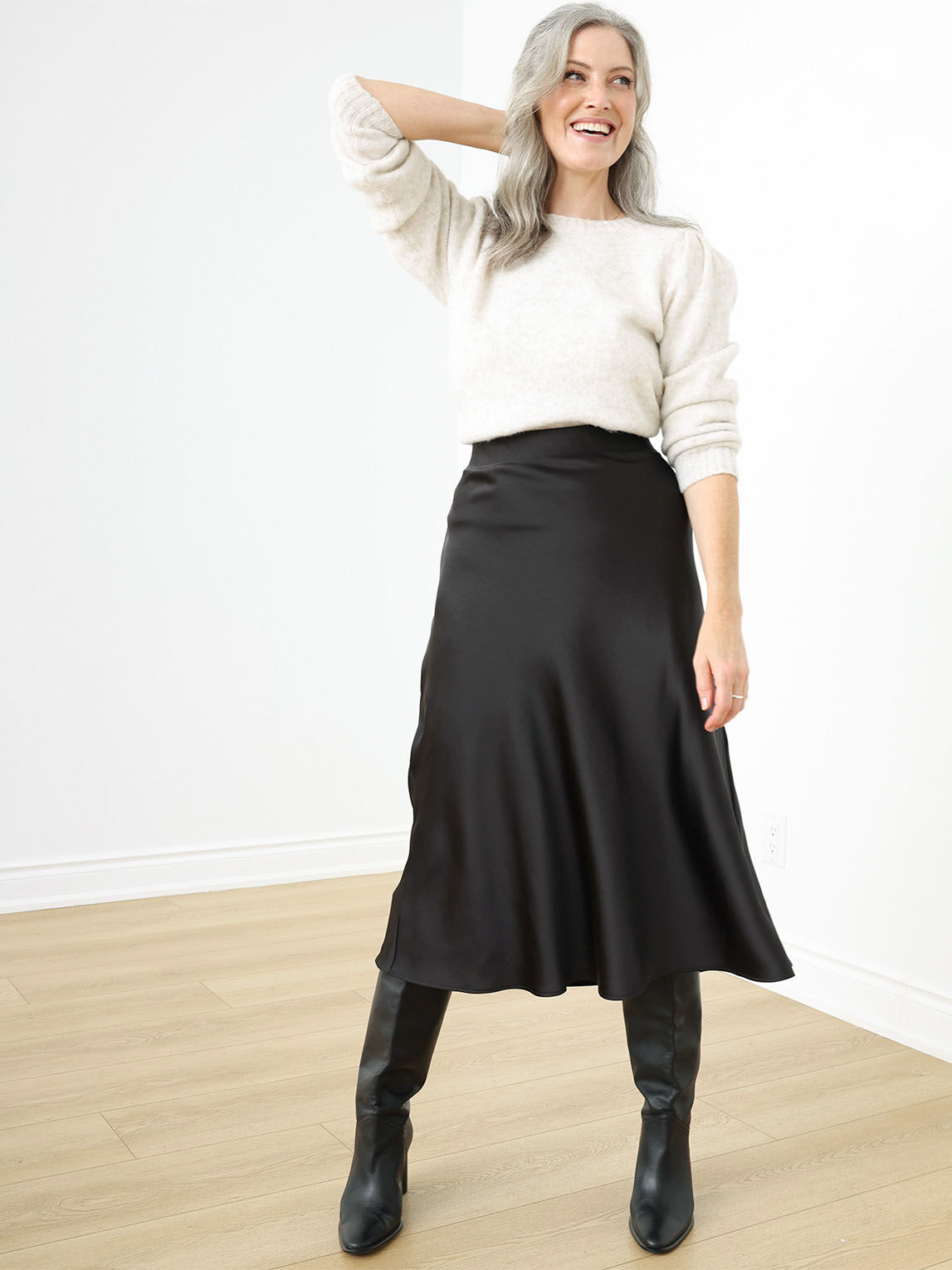 Black satin a line skirt with pockets store