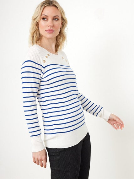Petite Long Sleeve Striped Pullover Sweater with Button Detail Image 2