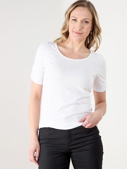 Elbow Length Ruched Sleeve Cotton T-Shirt