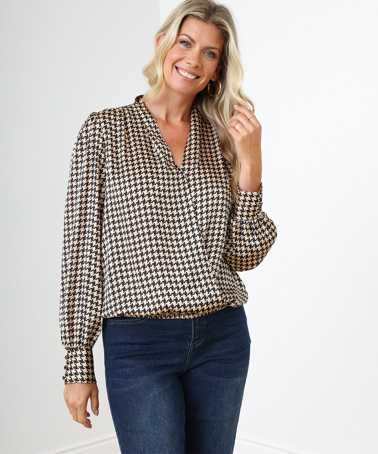 Long Sleeved Bubble Hem Crossover Blouse