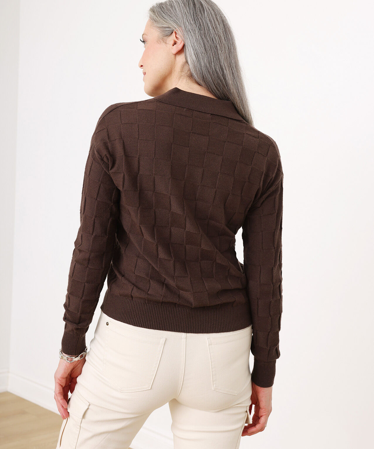Long-Sleeved Textured Collared Pullover
