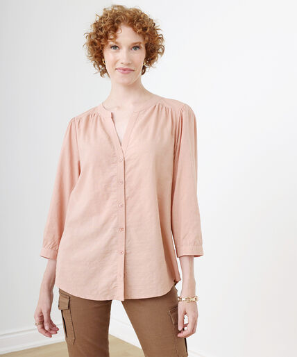 Cotton V-Neck Henley Blouse with 3/4 Sleeves  Image 1