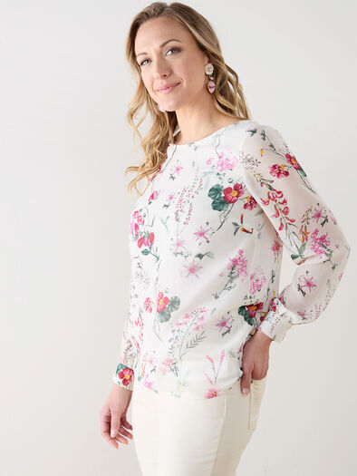 Long Sleeve Relaxed Fit Blouse with Button Cuffs, White Floral
