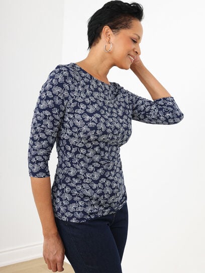 3/4 Sleeve Boat Neck Side-Ruche Top