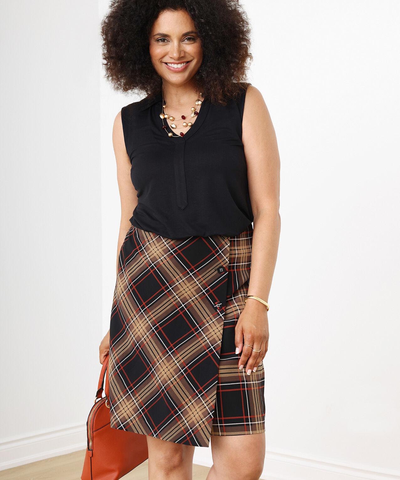 Brown plaid skirt with buttons online