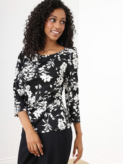 Petite 3/4 Sleeve Boat Neck Side-Ruche Top