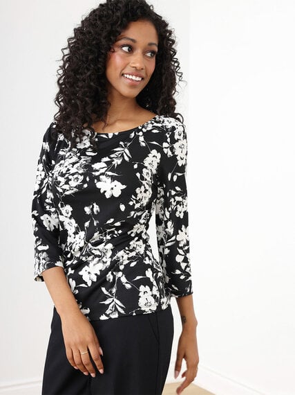 Petite 3/4 Sleeve Boat Neck Side-Ruche Top Image 1