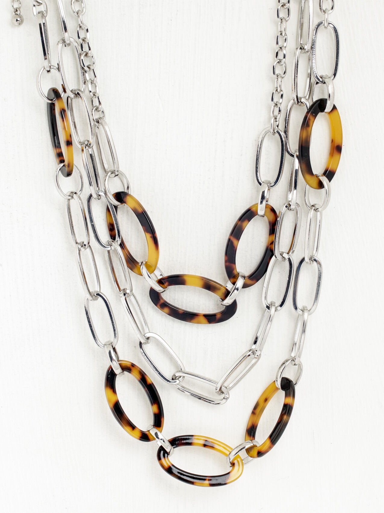 3-Layer Long Silver/Tortoiseshell Necklace