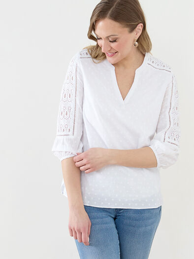 3/4 Sleeve Embroidered Blouse, White