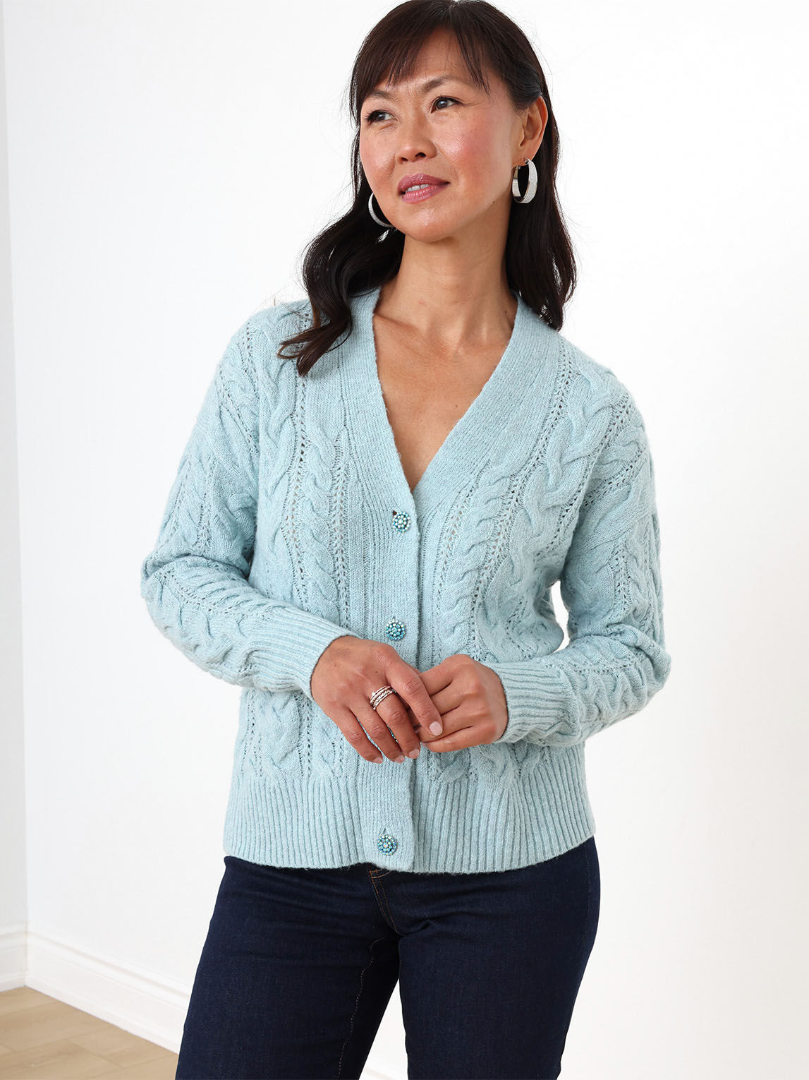 Petite Cable Knit Cardigan with Rhinestone Buttons Cleo 4000009064