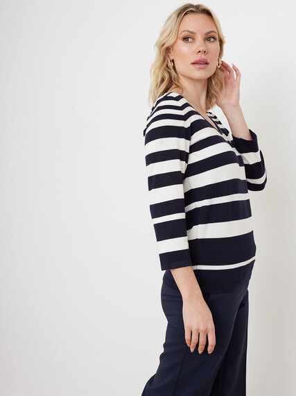 Petite 3/4 Sleeve Striped Pullover Sweater Image 4