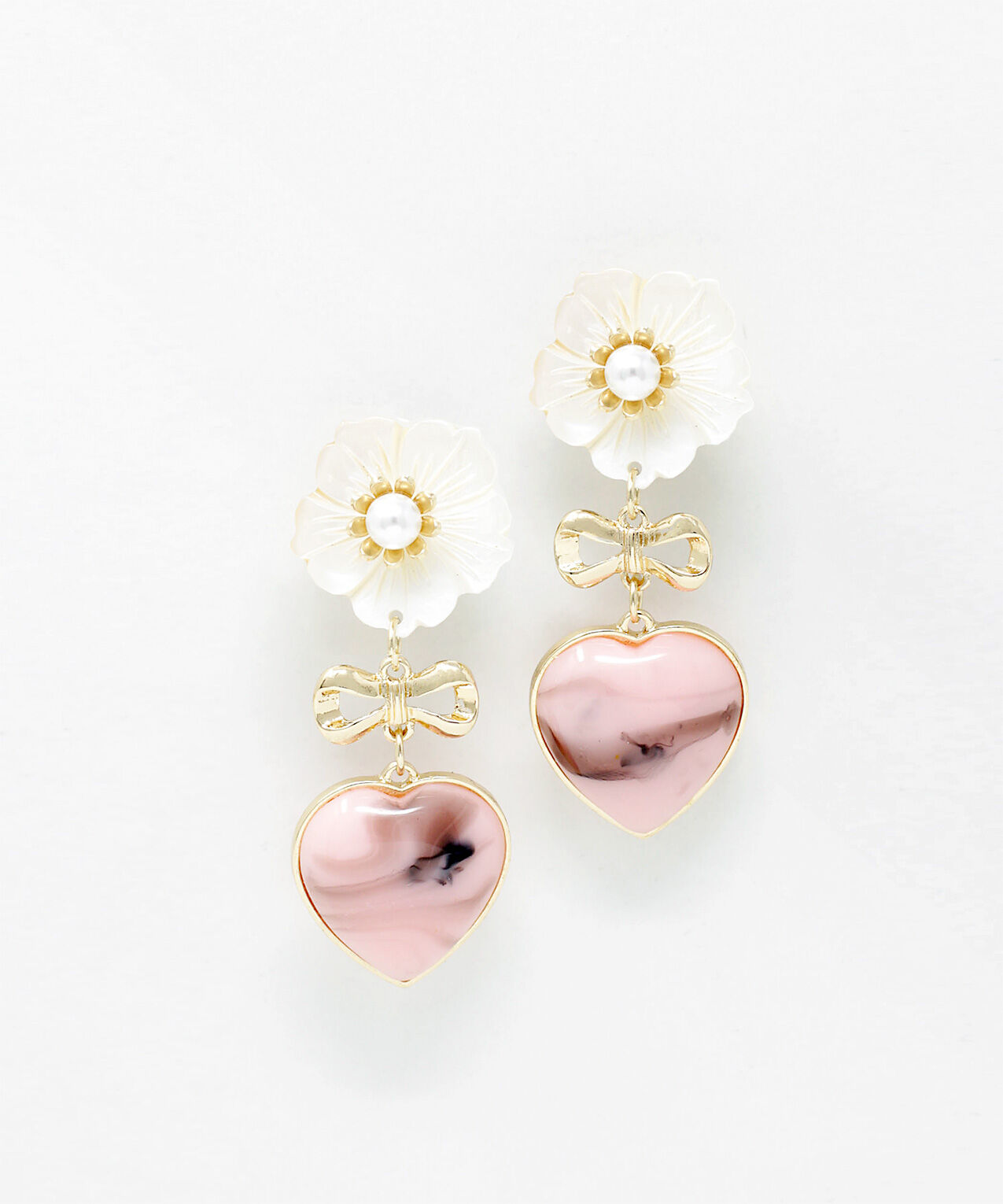 White Flower with Pink Heart Earrings