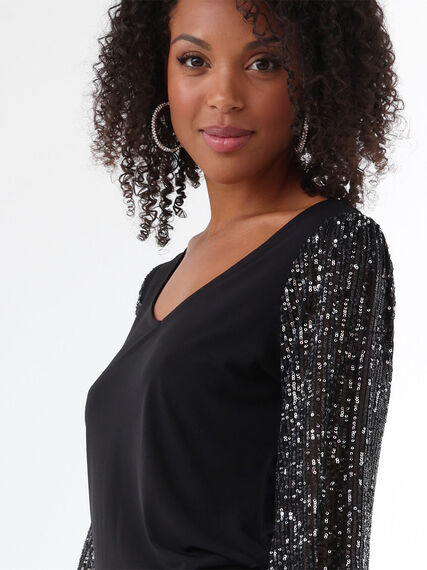 Petite Sequined Long-Sleeve V-Neck Top Image 3