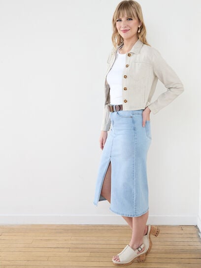 Mid Length Denim Skirt with Front Slit