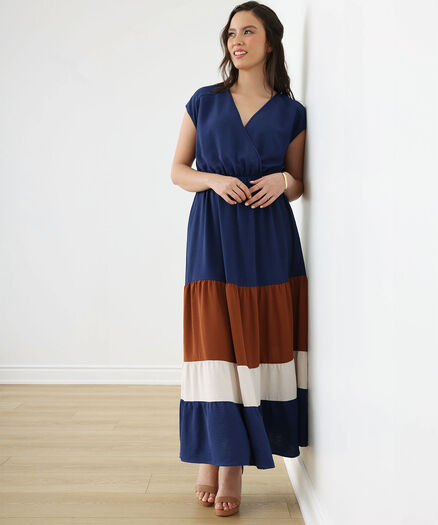 Short Sleeved Tiered Maxi Dress, Navy/Brown/Cream Short Sleeved Tiered Maxi Dress, Navy/Brown/Cream