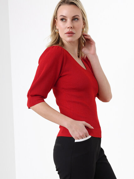 Petite V-Neck Knit Pull-Over with Elbow Sleeves Image 6