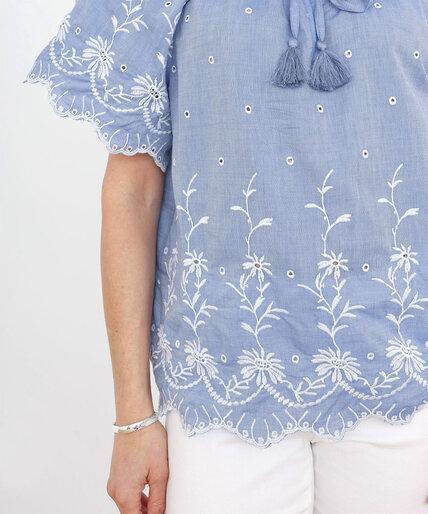 Embroidered Short Sleeve Tie Front Blouse Image 4
