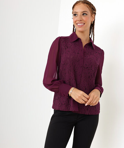 Long Sleeve Collared All-Over Lace Blouse Image 1