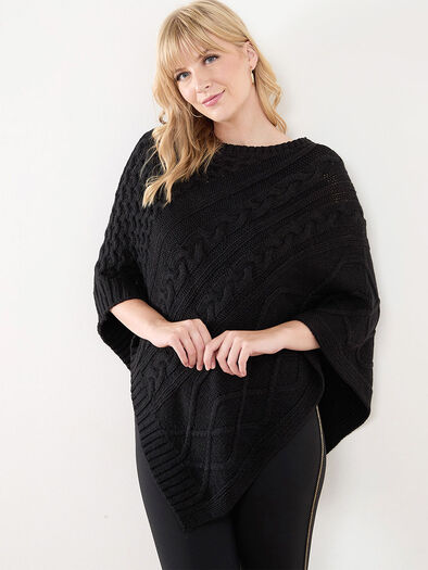 Cable Knit Poncho Sweater, Black Cable Knit Poncho Sweater, Black