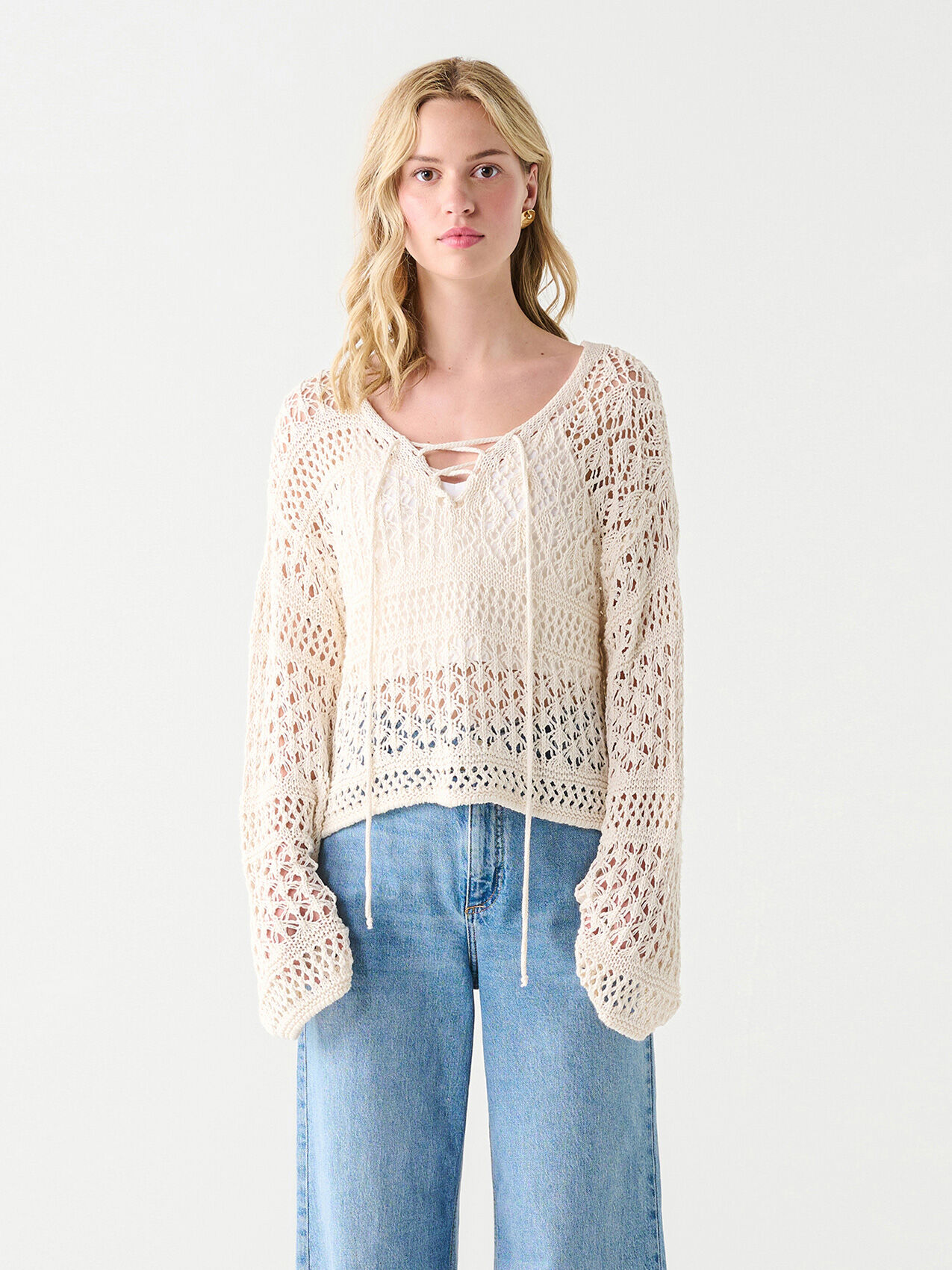 Long Sleeve Lace-Up Crochet Sweater by Dex