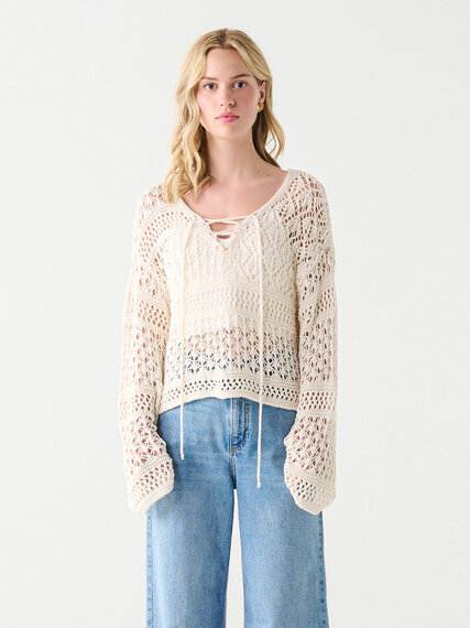 Long Sleeve Lace-Up Crochet Sweater by Dex Image 1