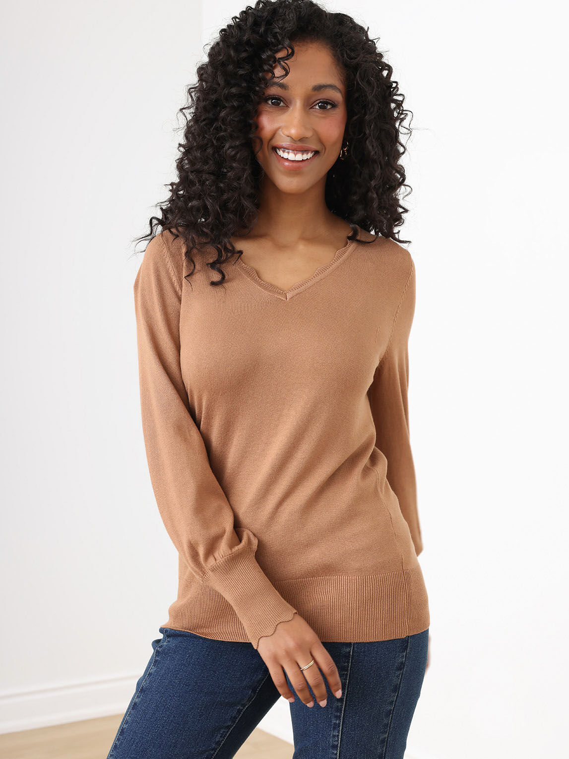 Petite Scallop V-Neck Pullover Sweater