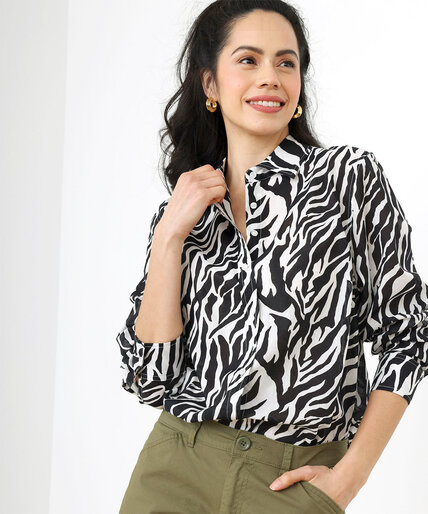 Low Impact Button-Front Printed Blouse Image 1