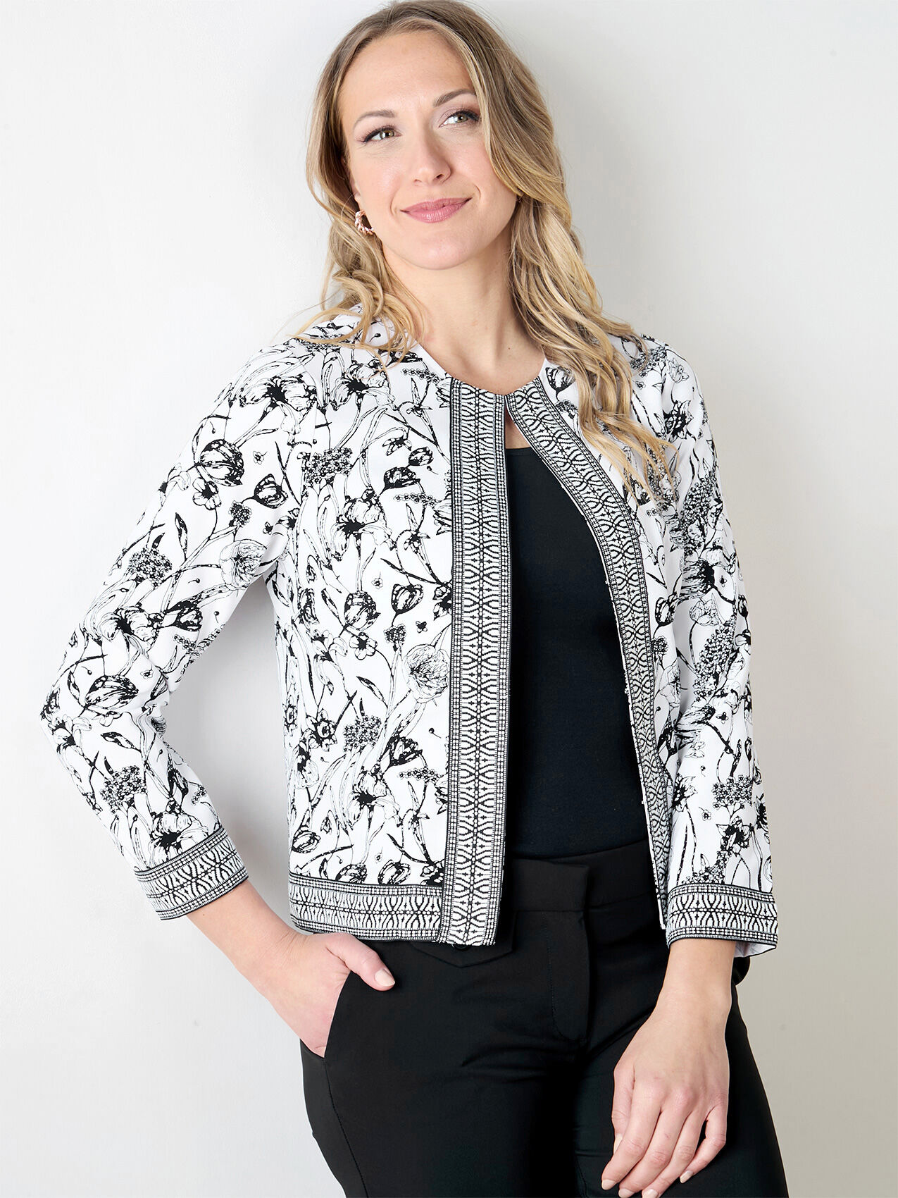 Black White Sketched Floral Print Travelers Jacket Cleo