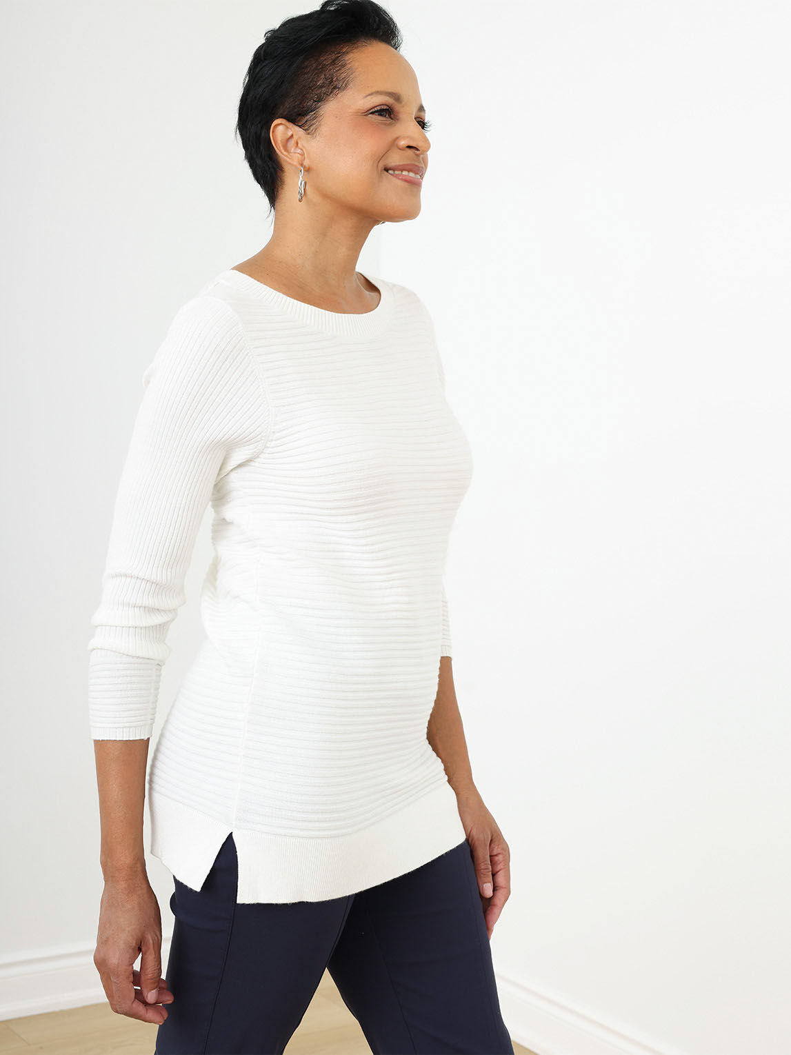 Ottoman Stitch Boatneck-Tunic with Cuff Buttons