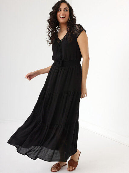 Gauze Short Sleeve Maxi Dress with Lace Trim | Cleo | 4000009155