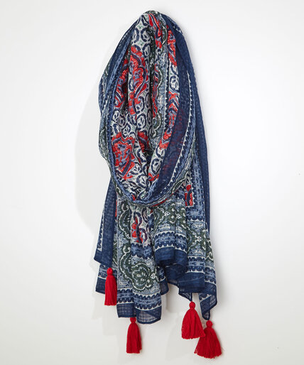 Tile Print Oblong Scarf with Tassels Image 1