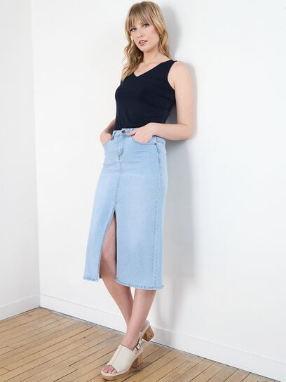 Mid Length Denim Skirt with Front Slit
