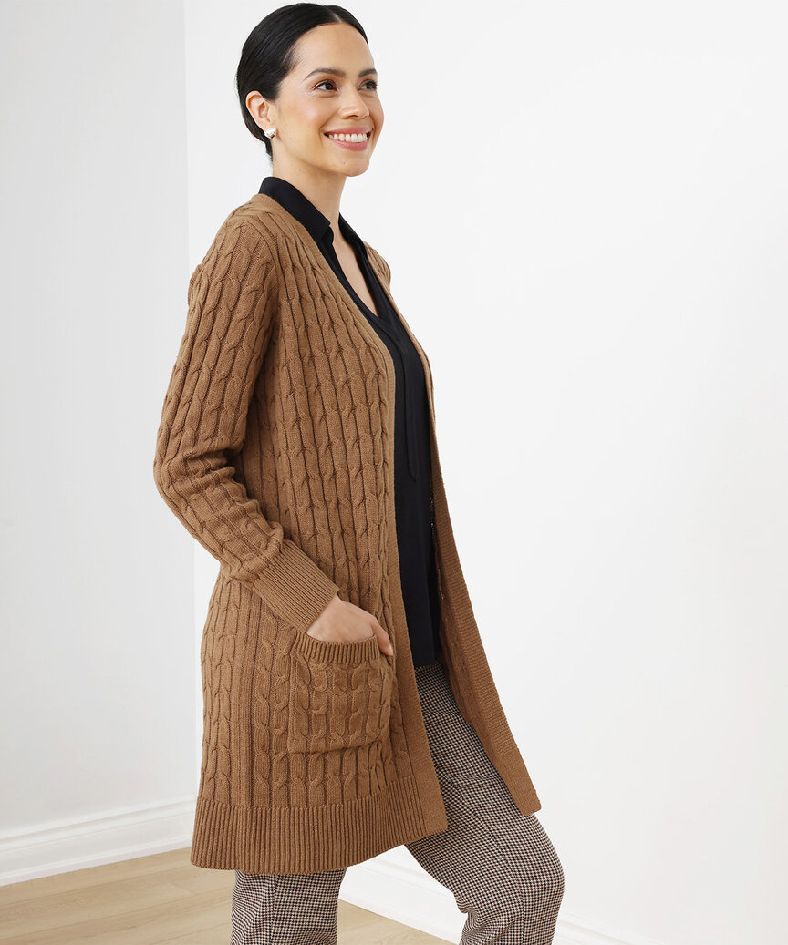 Petite Long Sleeve Cable Knit Cardigan Sweater, Cleo
