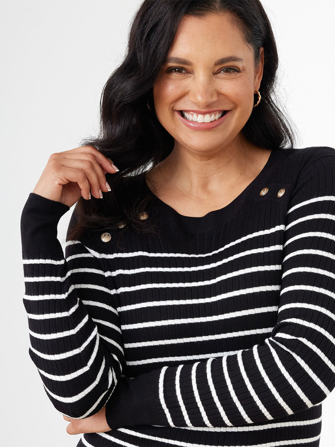 Long sleeve striped pullover sweater with button detail Cleo Black Ivory Stripe XXL