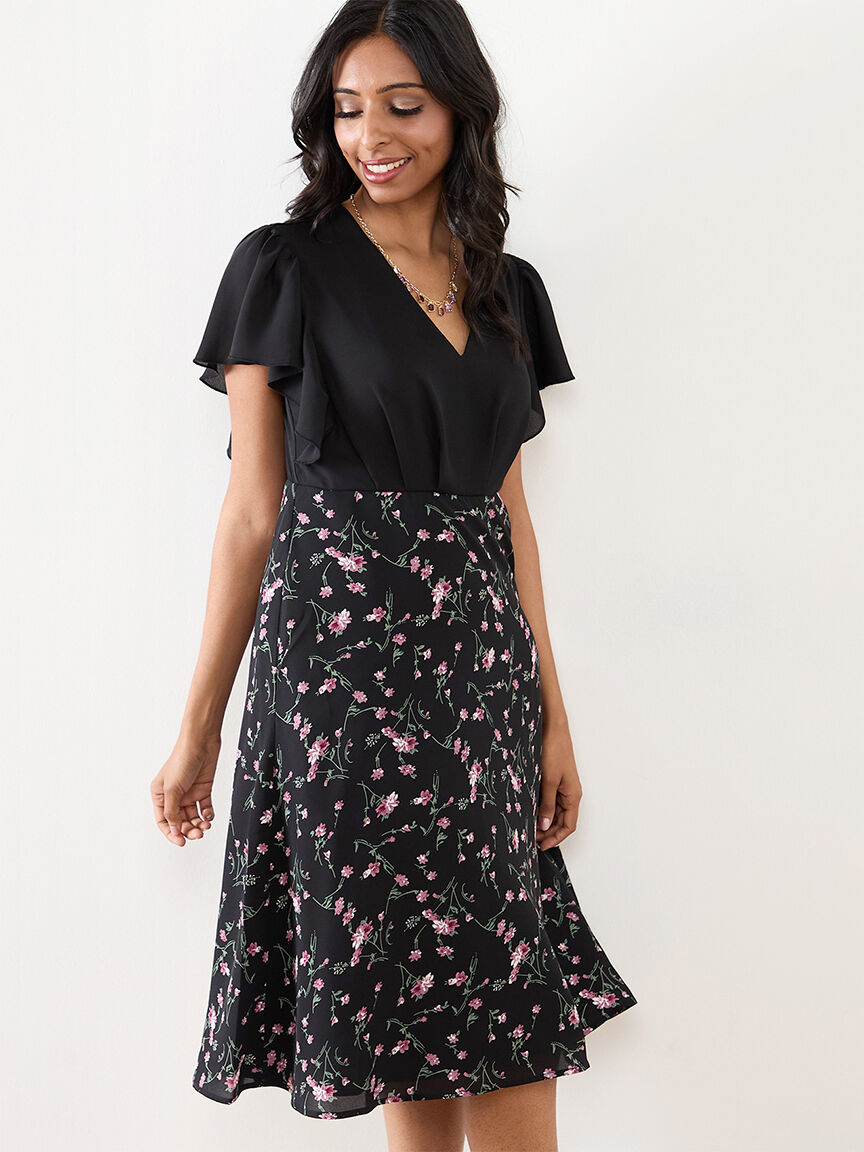 Petite Flutter Sleeve Floral Midi Dress Cleo 4000010575