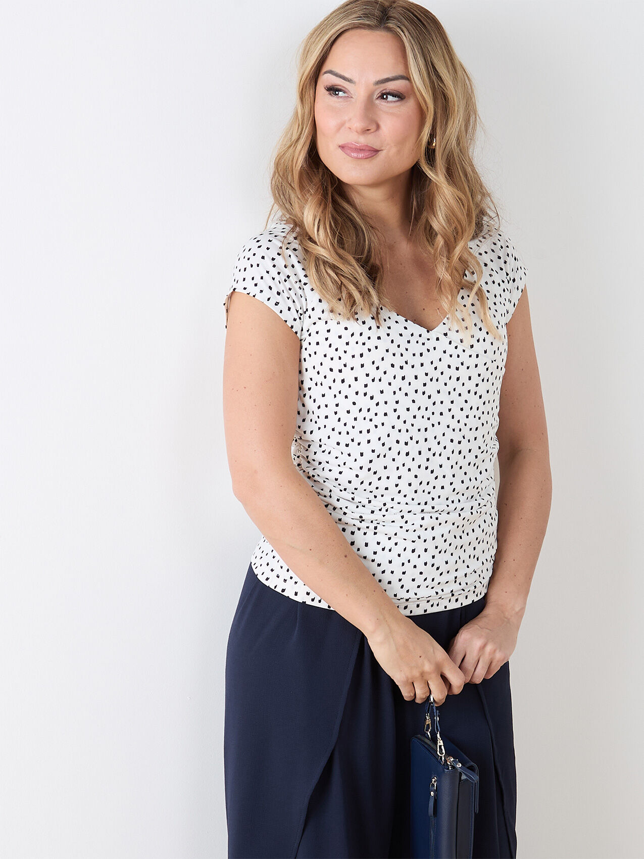 Short Sleeve V Neck Faux Wrap Top Cleo 4000009671