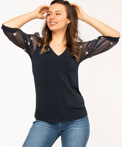 Navy Embroidered Sleeve V-Neck Top Image 4