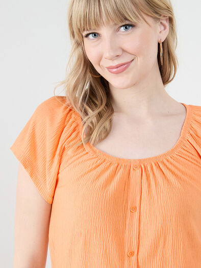Stretch Crinkle Peasant Top, Apricot Crush