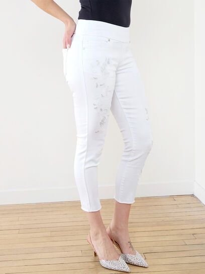White Crop Jeans with Silver Floral Detail by GG Jeans