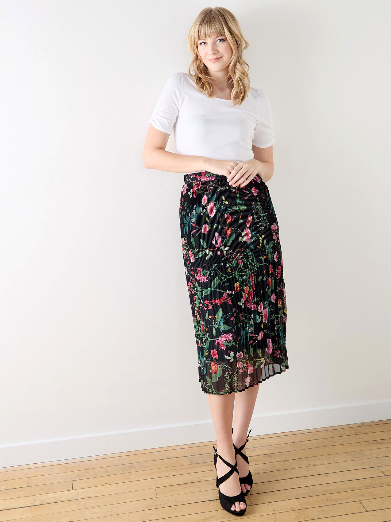 Pleated Floral Pull-On Midi Skirt