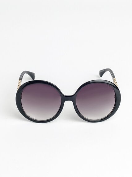Black Round Frame Sunglasses with Chain Arm Detail Image 1