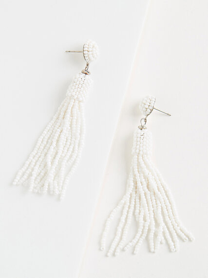 White Sea Bead Long Tassel Earrings Image 1