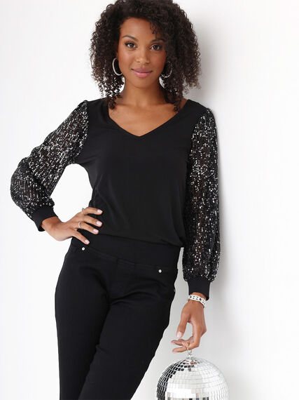 Petite Sequined Long-Sleeve V-Neck Top Image 6