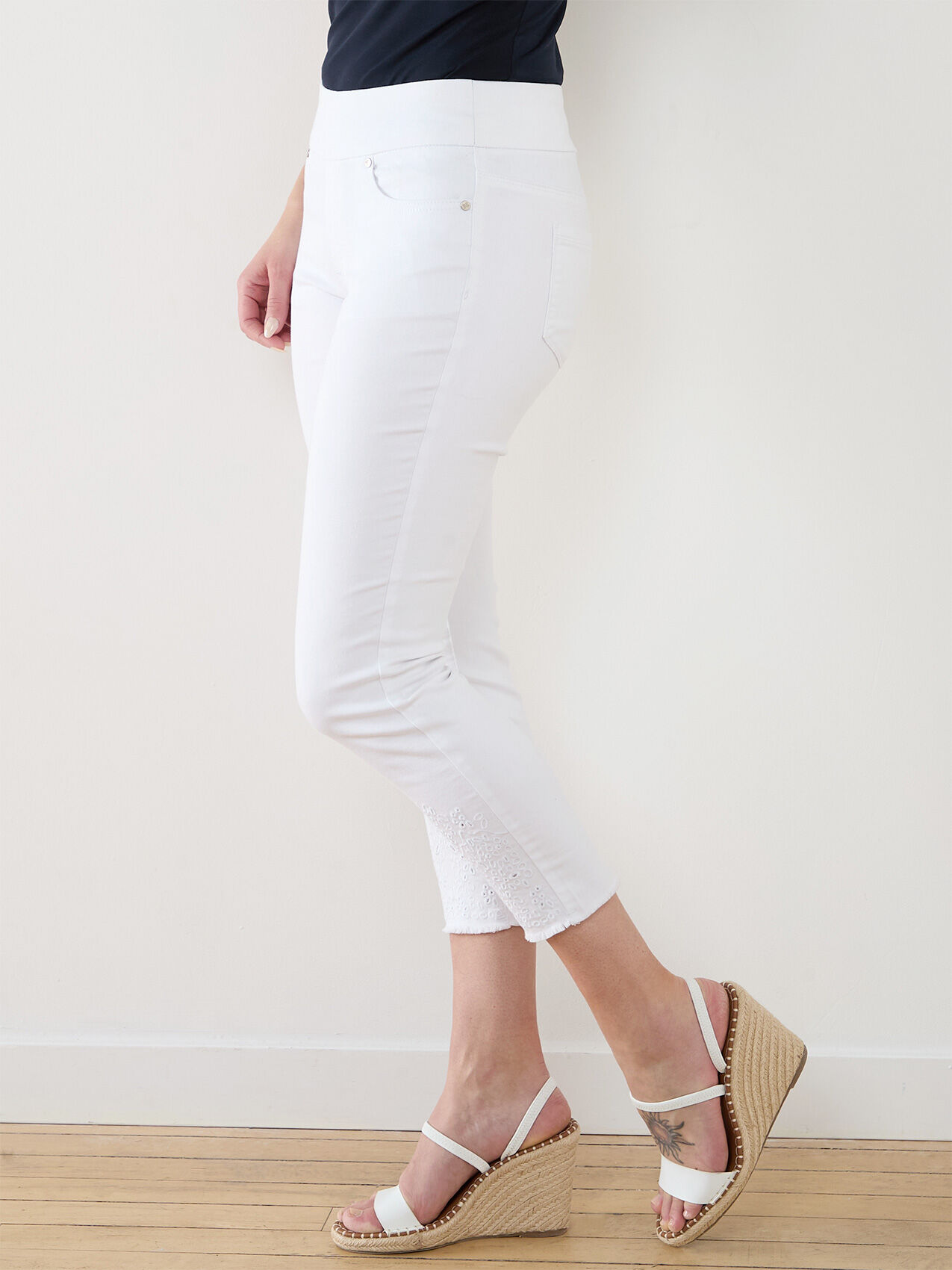 White Embroidered Pull On Crop Jeans