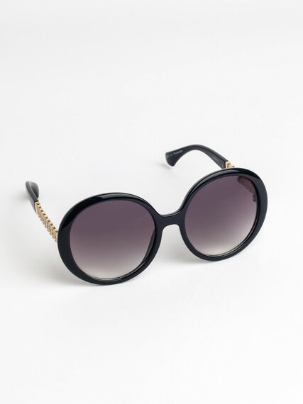 Black Round Frame Sunglasses with Chain Arm Detail Image 4