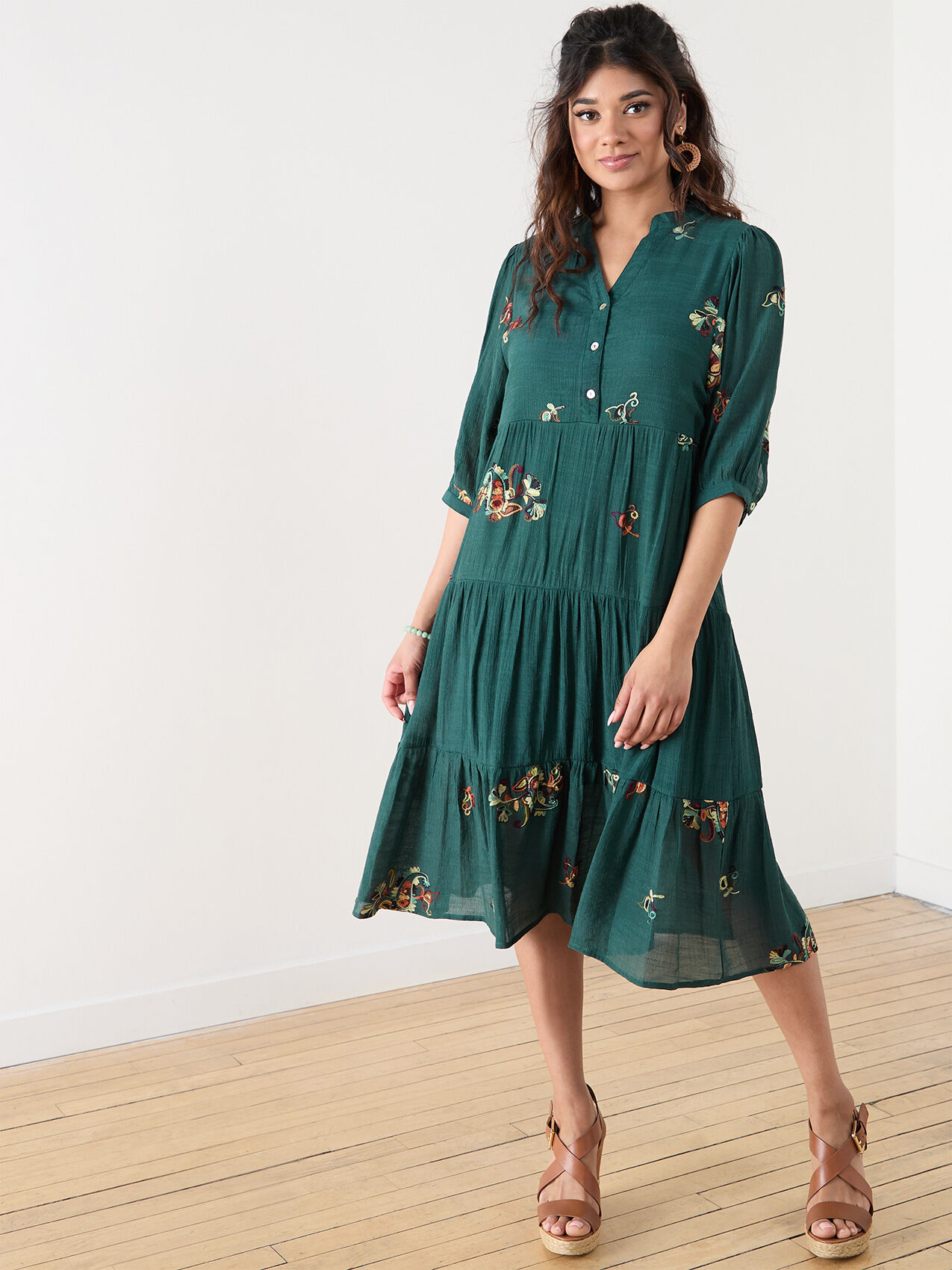 Petite Hunter Green Floral Gauze Dress Cleo 4000011080