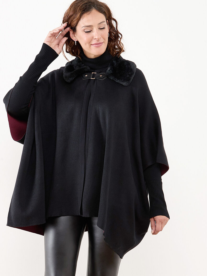 Open poncho sweater with removable fur trim Cleo Black S M