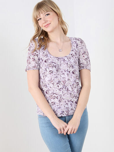 Short Sleeve Mesh Relaxed Fit Top, Lilac Floral